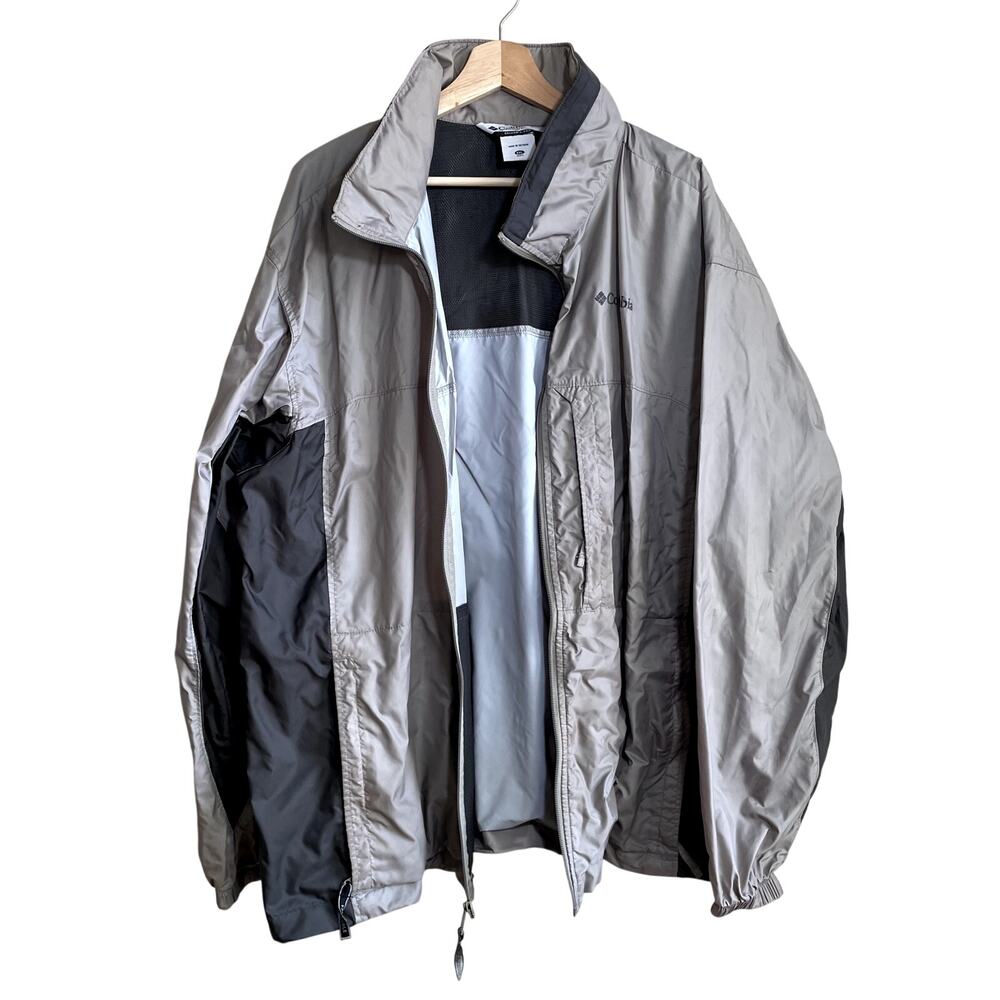 Columbia gray tan full zip raincoat jacket hidden hood men's size XXL nylon
